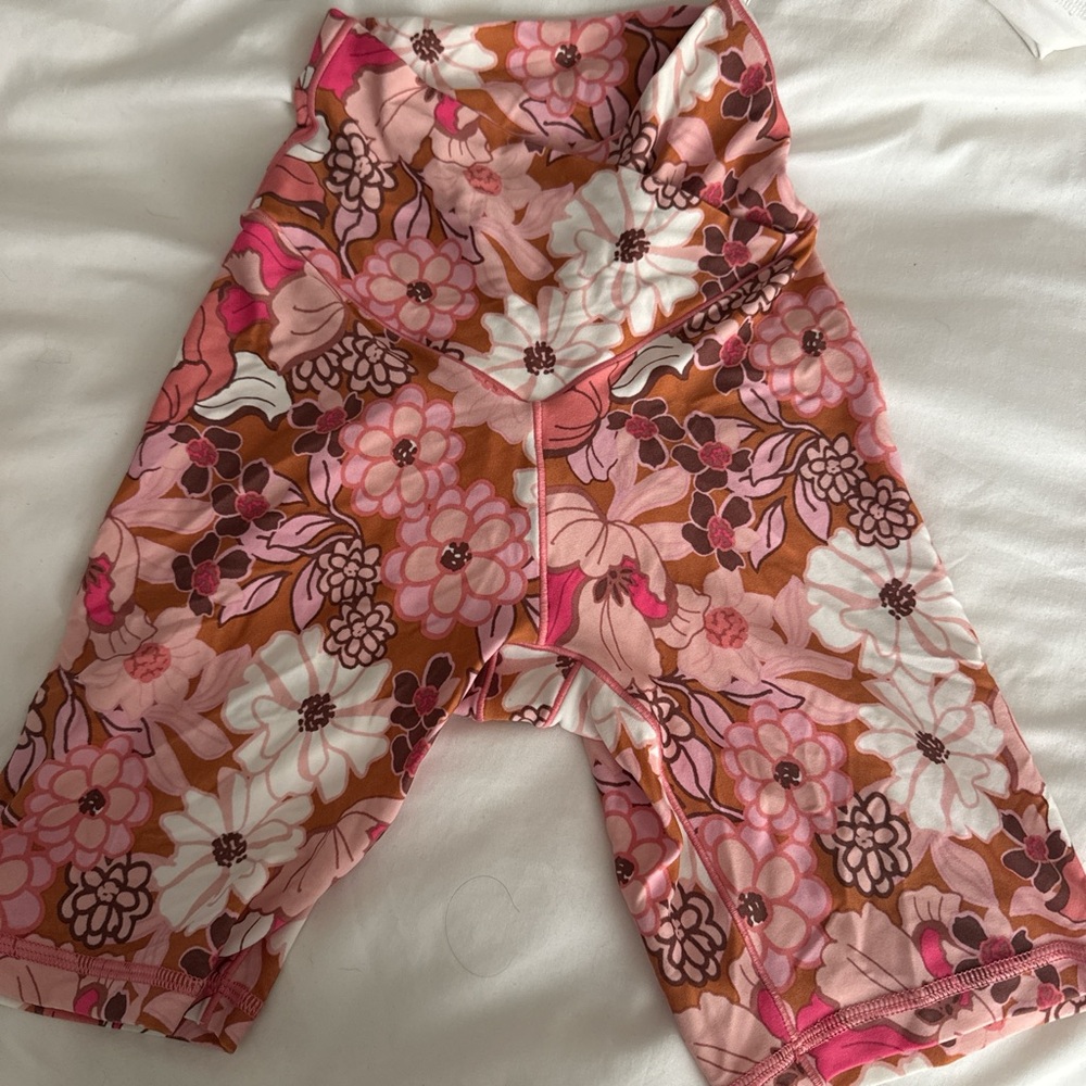 Aerie Pink and Brown Bike Shorts with Floral Pattern